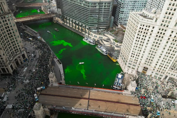 The Chicago River is dyed green as part of annual St. Patrick's Day festivities Saturday, March 15, 2025, in Chicago. (AP Photo/Erin Hooley)