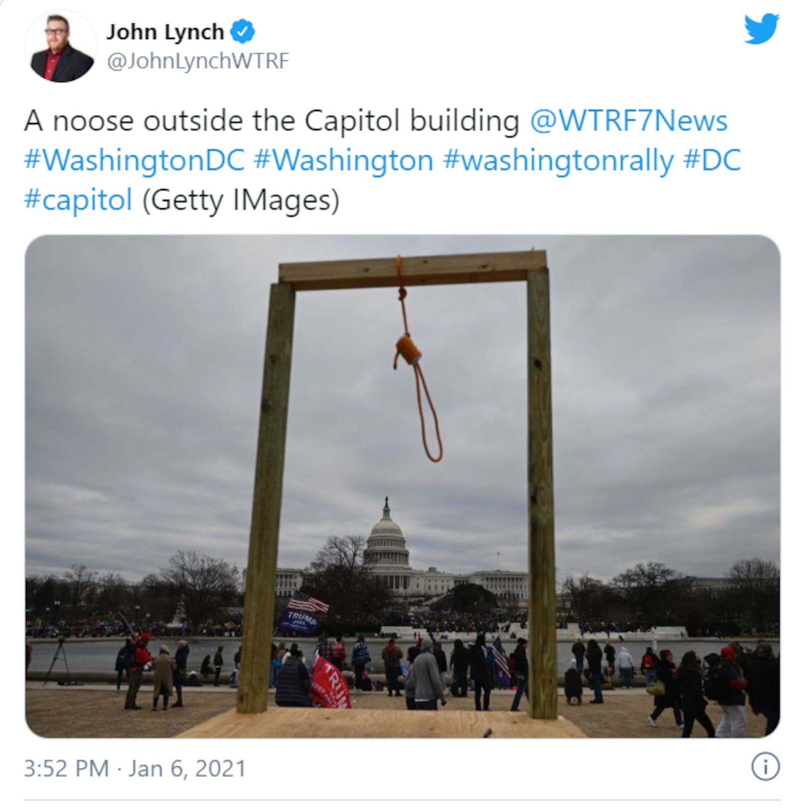 A photograph showed a noose hanging across from the U.S. Capitol before a pro-Trump riot on Jan. 6, 2020.