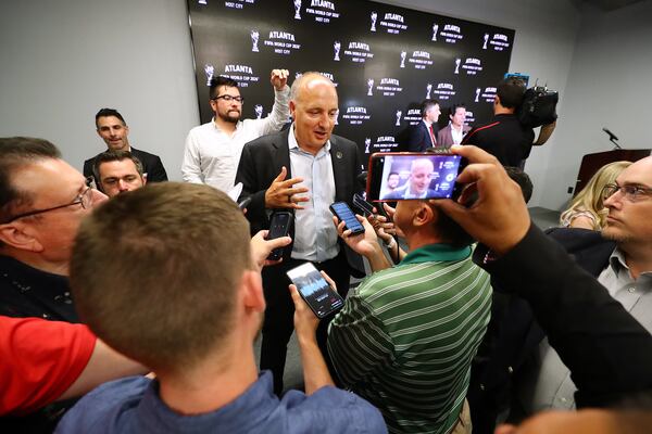 Darren Eales, President Atlanta United FC, takes questions during the Host City announcement press conference for the 2026 World Cup at Mercedes-Benz Stadium on Thursday, June 16, 2022, in Atlanta.     “Curtis Compton / Curtis.Compton@ajc.com”