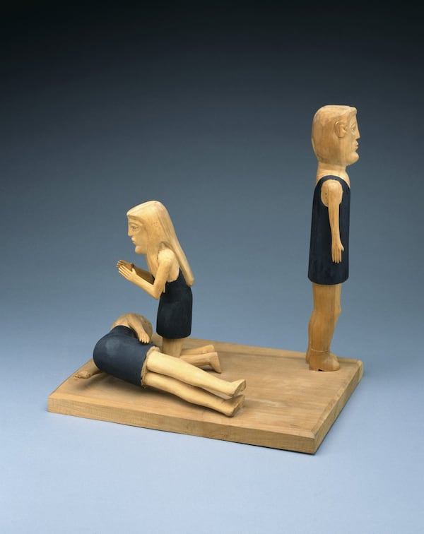 “Cain Going Into the World” from “The Fall of Man” series in carved wood with nails, paint, graphite, marker and glue by Edgar Tolson. CONTRIBUTED BY MILWAUKEE ART MUSEUM, THE MICHAEL AND JULIE HALL COLLECTION OF AMERICAN FOLK ART