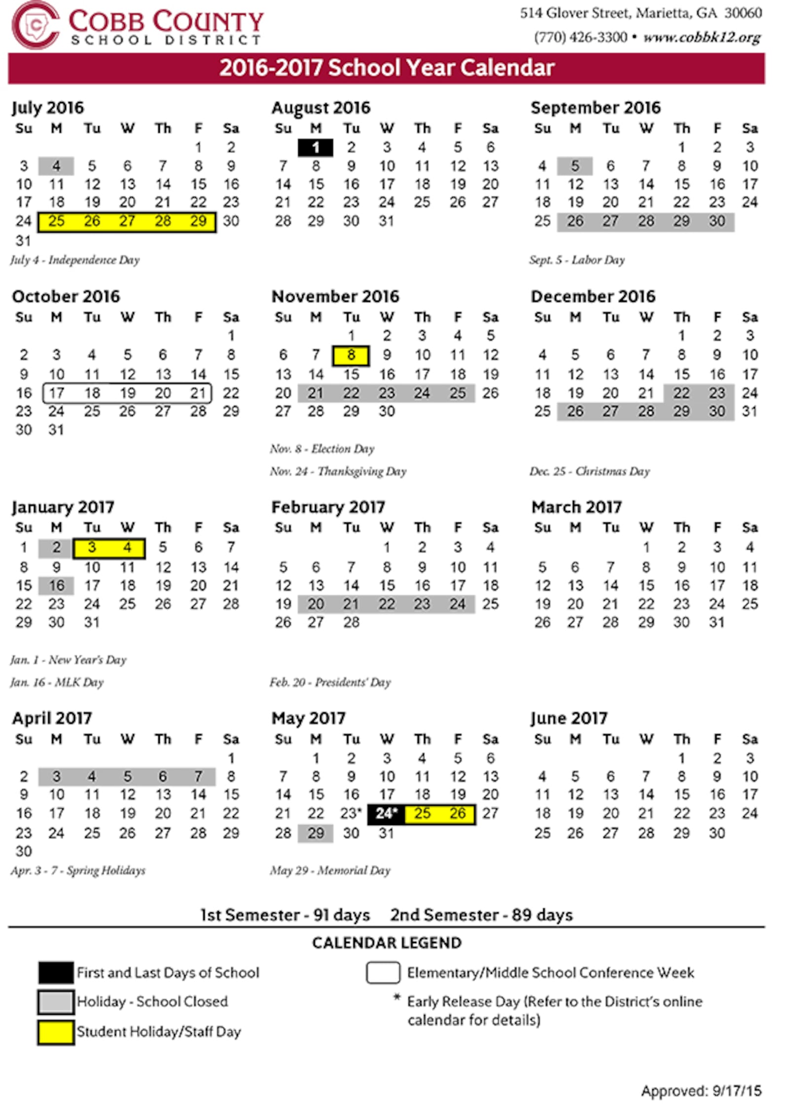 Cobb County School Calendar for 2016-17 year