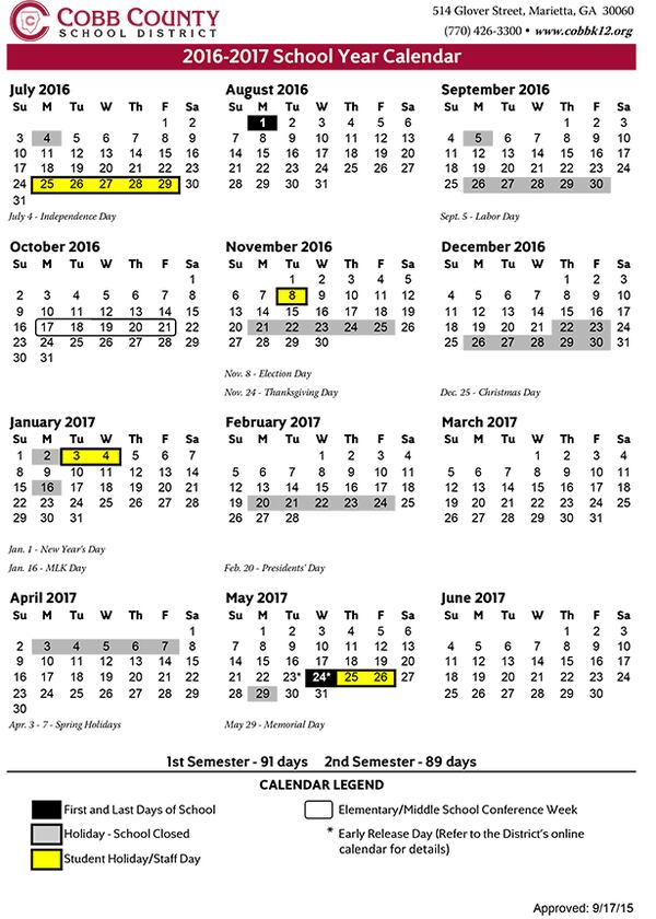 Cobb County School Calendar for 2016-17 year