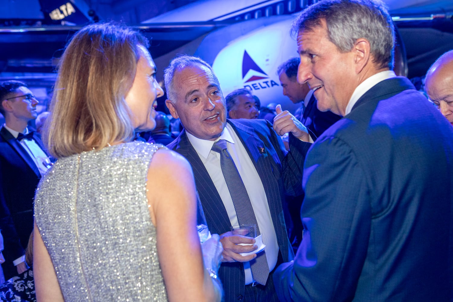 Delta Airlines celebrates its 100 year anniversary on Saturday, March 15, 2025 at the Delta Flight Museum. Georgia Tech President Angel Cabrera attends the celebration. (Jenni Girtman for The Atlanta Journal-Constitution)