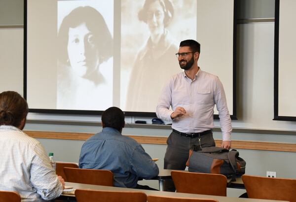 Silas Allard, an Emory University Woodruff scholar and teaching assistant in Christian Ethics class, speaks to students before the class begins at Emory University on Feb. 13, 2020. On Feb. 25, Emory University will celebrate the 40th anniversary of “The Gift,” a $105 million donation from the Woodruff Foundation. The Gift was the largest donation ever made to an American college at the time.