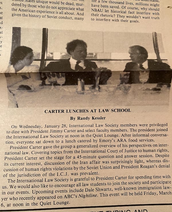 Randall Kessler shows a brief article about a 1988 luncheon he threw for Jimmy Carter, while he was at Emory Law School.