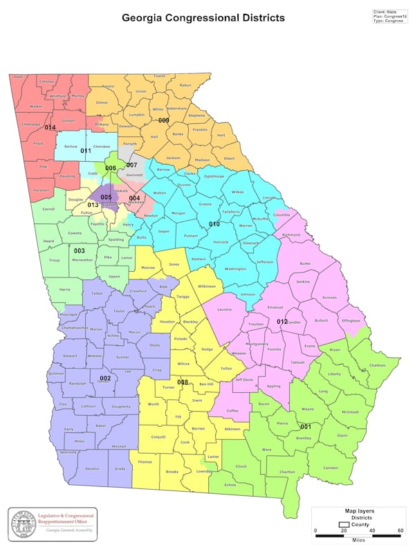 Georgia has 14 congressional districts, with eight Republicans and six Democrats in 2021. Source: Legislative and Congressional Reapportionment Office