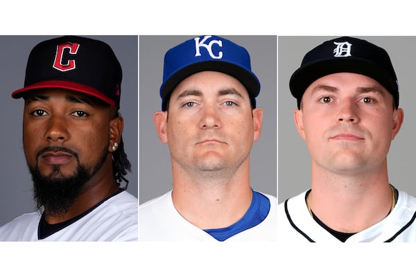 FILE - From left are baseball players, Cleveland Guardians' Emmanuel Clase, Kansas City Royals' Seth Lugo and Detroit Tigers' Tarik Skubal, in 2024. (AP Photo/File)