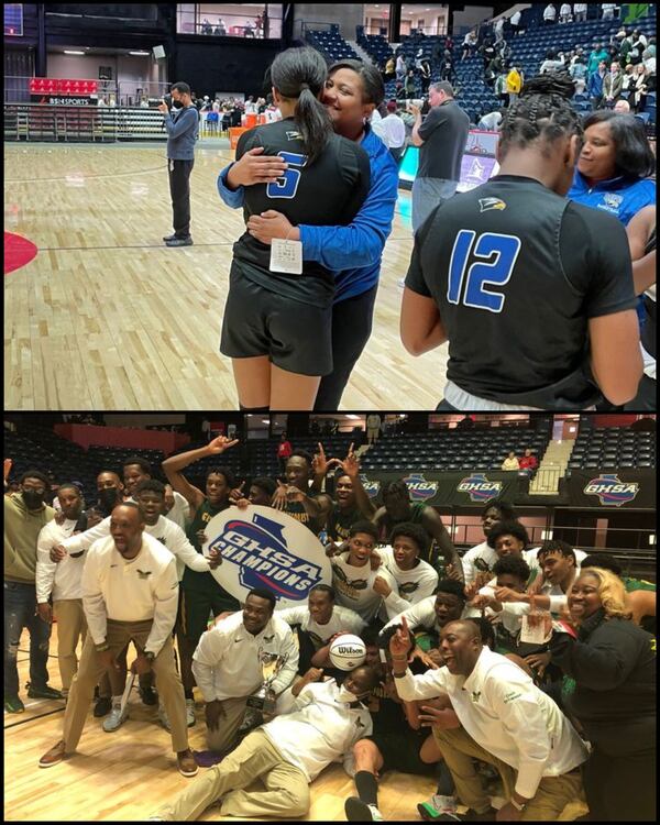 (Top) Mount Paran Eagles coach Stephanie Dunn hugs her daughter, Kara Dunn, after they won the girls Class 1A Private state championship. (Bottom) The Greenforest Eagles pose with the trophy after winning the boys Class 1A Private state championship.