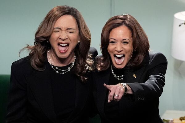 Democratic presidential nominee Vice President Kamala Harris appears on NBC's "Saturday Night Live," with Maya Rudolph, Saturday, Nov. 2, 2024 in New York. Harris has made an unannounced trip to New York to appear briefly stepping away from the battleground states she's been campaigning in with just three days to go before the election. (AP Photo/Jacquelyn Martin)