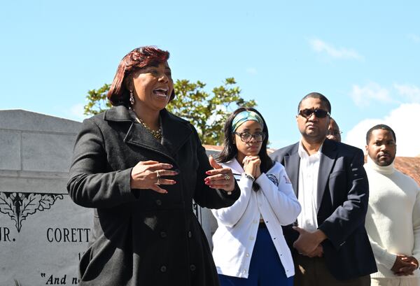 Rev. Bernice King, daughter of Martin Luther King Jr., speaks during Tuesday's ceremony.