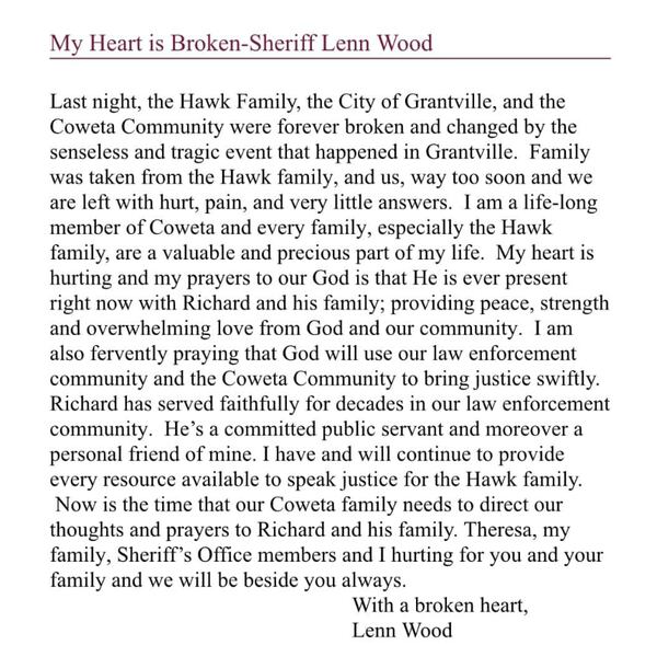 Coweta County Sheriff Lenn Wood penned a letter on Friday's triple homicide in Grantville.