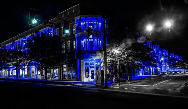 The city of Lawrenceville lit up its downtown in blue in April to honor first responders and healthcare workers during the COVID-19 pandemic. (City of Lawrenceville)