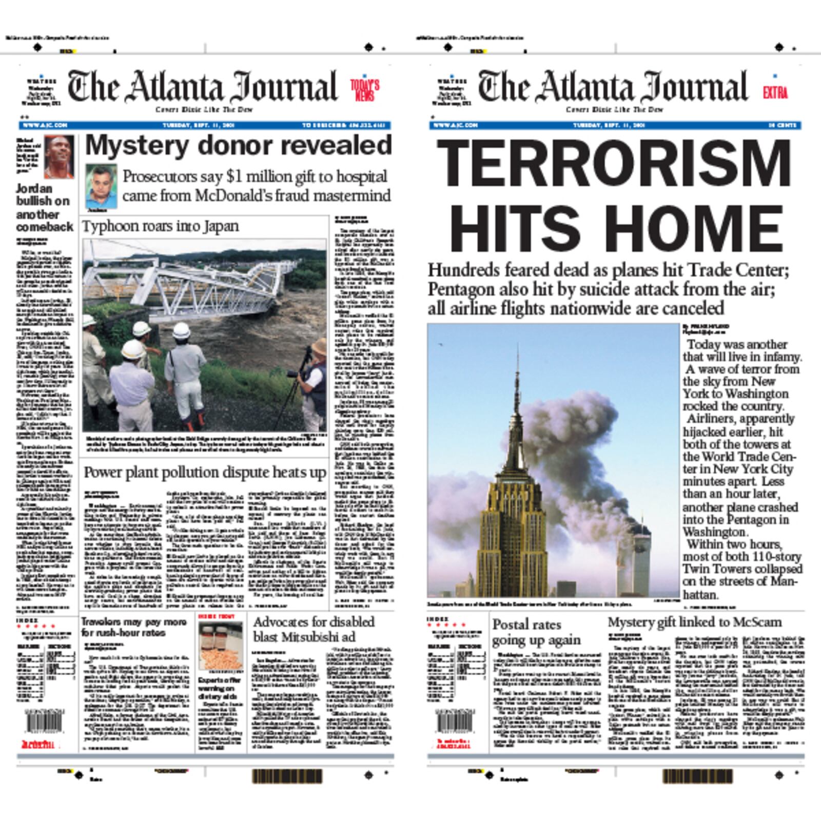 The original Sept. 11, 2001, front page of the Journal (left) vs. the day's first extra front after terrorists attacked the World Trade Center. AJC PRINT ARCHIVES