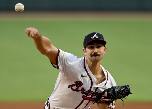 Atlanta Braves' pitcher Spencer Strider (99) throws a pitch against the Arizona Diamondbacks during the first inning of home opener baseball game at Truist Park, Friday, April 5, 2024, in Atlanta. (Hyosub Shin / Hyosub.Shin@ajc.com)