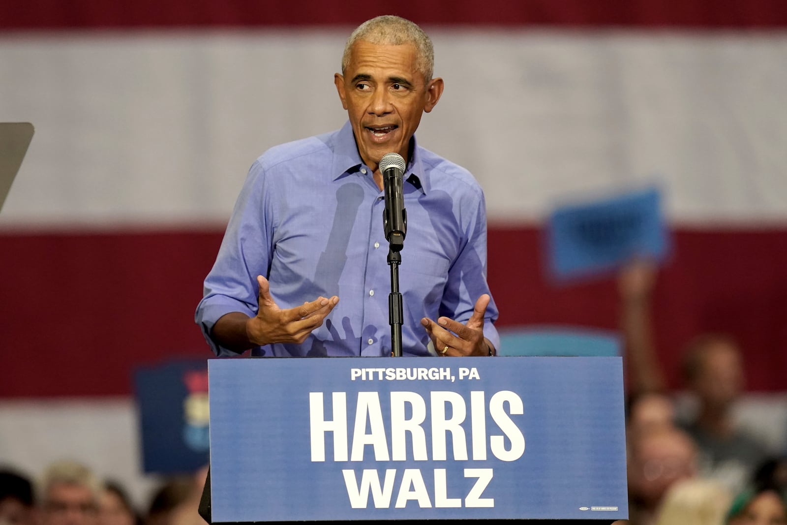 Former President Barack Obama speaks during a campaign rally supporting Democratic presidential nominee Vice President Kamala Harris, Thursday, Oct. 10, 2024, at the University of Pittsburgh's Fitzgerald Field House in Pittsburgh. (AP Photo/Matt Freed)