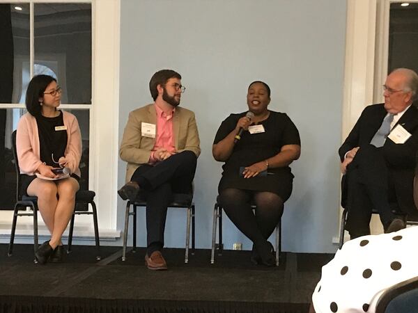 Georgia Budget & Policy Institute senior higher education policy analyst moderated a discussion on Georgia's colleges and universities at the Georgia Freight Depot on Jan. 24, 2020. From left to right, the panelists are Valdosta State University student government association president Jacob Bell, Yarbrah Peeples, Senior Regional Director —East of the College Advising Corps and former University of Georgia president Chuck Knapp. ERIC STIRGUS/ESTIRGUS@AJC.COM.