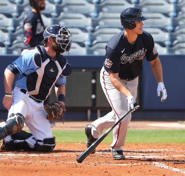 Atlanta Braves infielder Bryce Ball hits an RBI single against the Tampa Bay Rays during the second inning Sunday, Feb. 28, 2021, at Charlotte Sports Park in Port Charlotte, Fla. (Curtis Compton / Curtis.Compton@ajc.com)