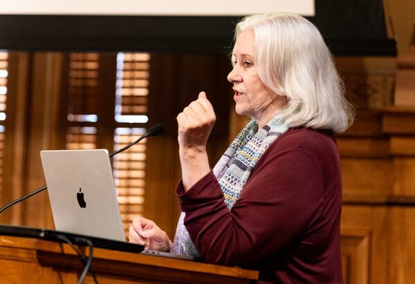 Marilyn Marks, the vice president and executive director of Coalition of Good Governance, presents proposals to require paper ballots for the November general election during a State Election Board meeting at the Georgia State Capitol in Atlanta on Tuesday, August 6, 2024.