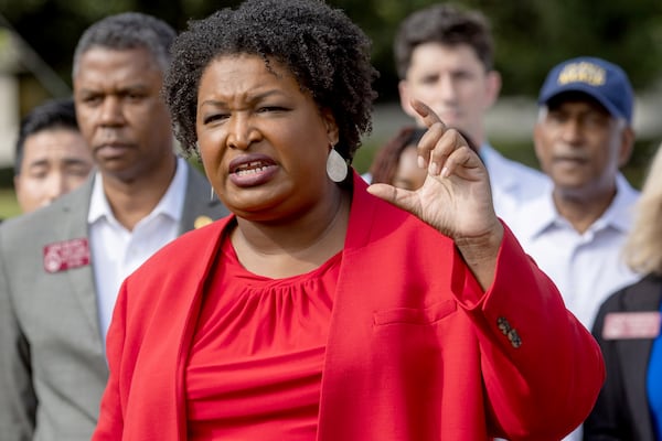 Stacey Abrams talks at a press conference alongside healthcare providers outside the WellStar Atlanta Medical Center Friday, Sep. 02, 2022. Steve Schaefer/steve.schaefer@ajc.com)