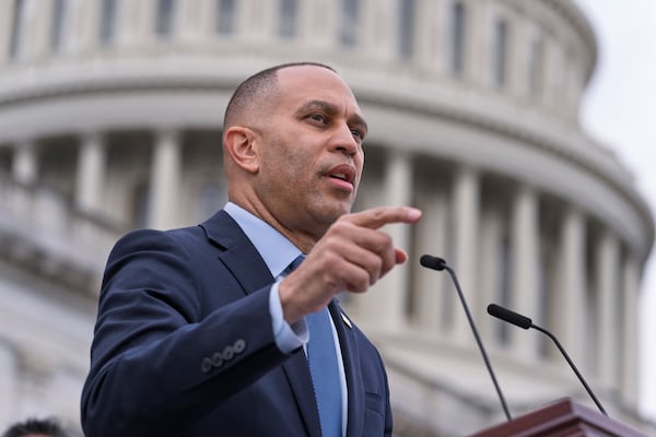 House Minority Leader Hakeem Jeffries, D-N.Y., speaks out against the Republican budget plan, on the House steps at the Capitol in Washington, Tuesday, Feb. 25, 2025. (AP Photo/J. Scott Applewhite)