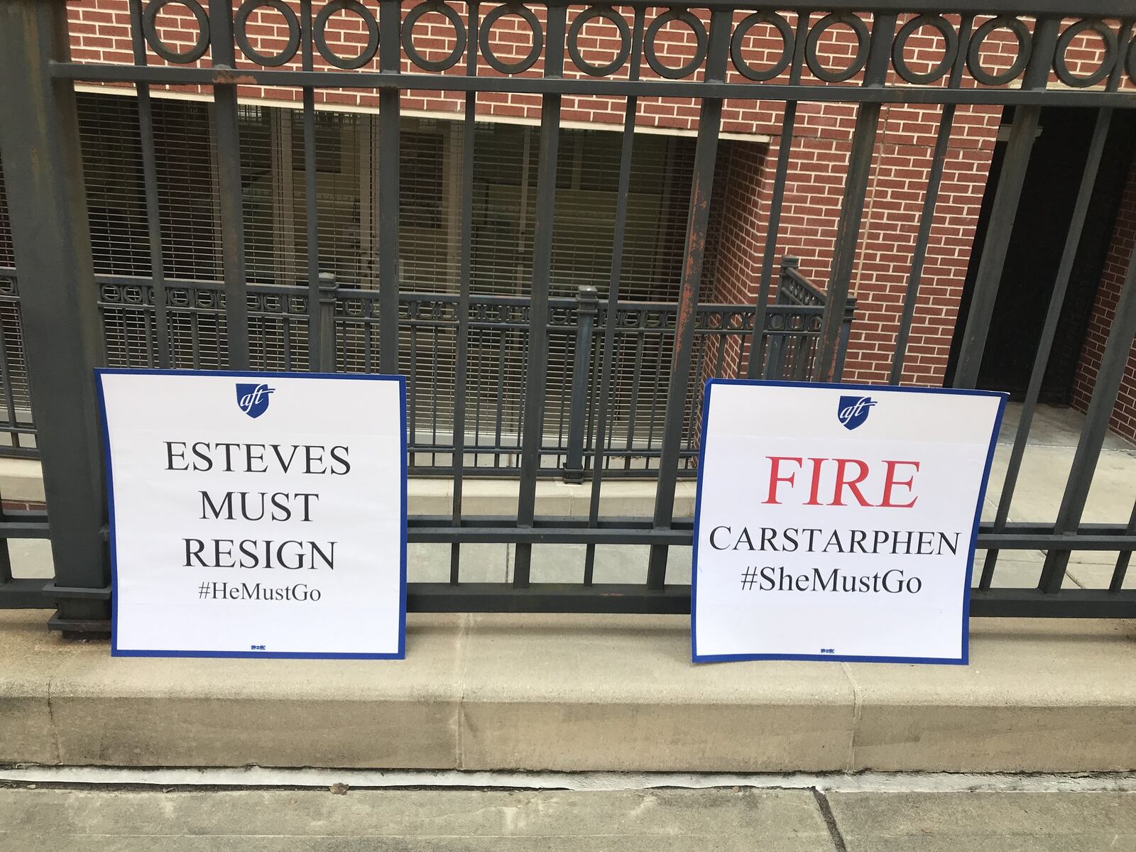 Signs displayed during an August 2019 protest call for the removal of Atlanta Public Schools Superintendent Meria Carstarphen and school board Chairman Jason Esteves. The protest was organized by the Georgia Federation of Teachers. VANESSA McCRAY/AJC