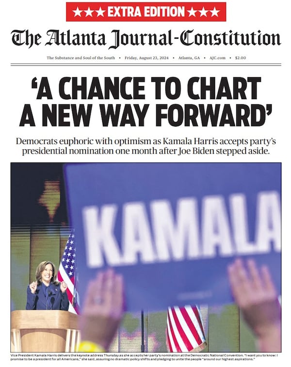 The front page from the Friday, Aug. 23, 2024 Atlanta Journal-Constitution