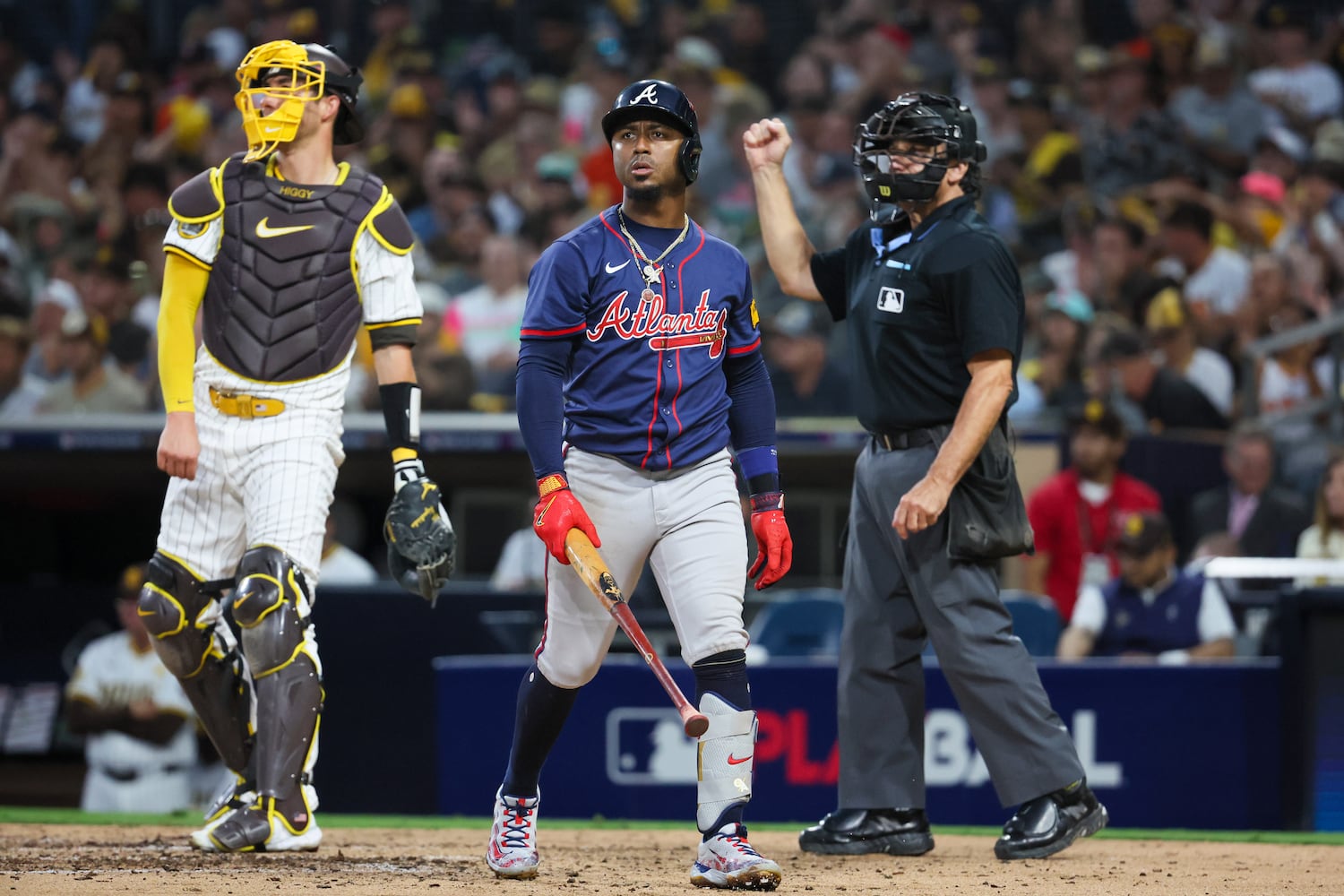 Atlanta Braves’ Ozzie Albies reacts to a strikeout against the San Diego Padres during the second inning of National League Division Series Wild Card Game Two at Petco Park in San Diego on Wednesday, Oct. 2, 2024.   (Jason Getz / Jason.Getz@ajc.com)