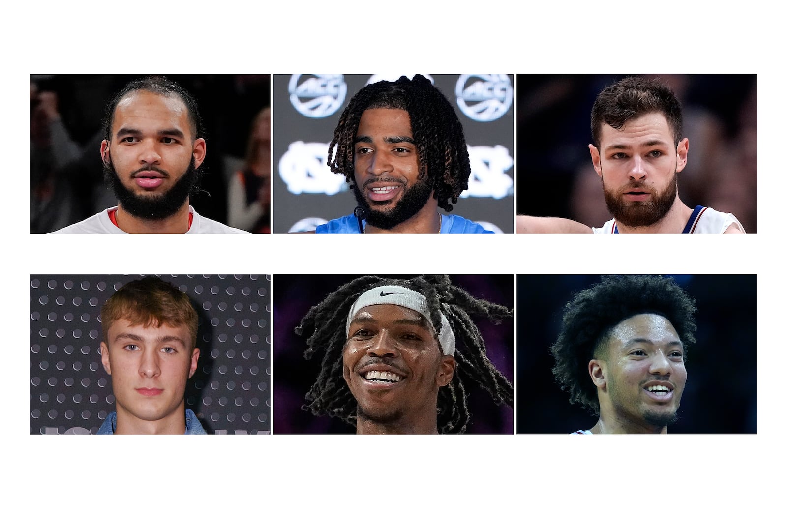 FILE - Top row from left are NCAA college basketball players Johni Broome, Auburn; RJ Davis, North Carolina and Hunter Dickenson, Kansas. Bottom row from left are Cooper Flagg, Duke; Caleb Love, Arizona and Mark Sears, Alabama. (AP Photo/File)