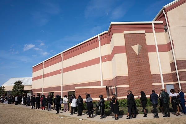 Fans and friends gather to celebrate the life of singer and actress Angie Stone, Friday, March 14, 2025, in Austell. Ga. (AP Photo/Olivia Bowdoin)