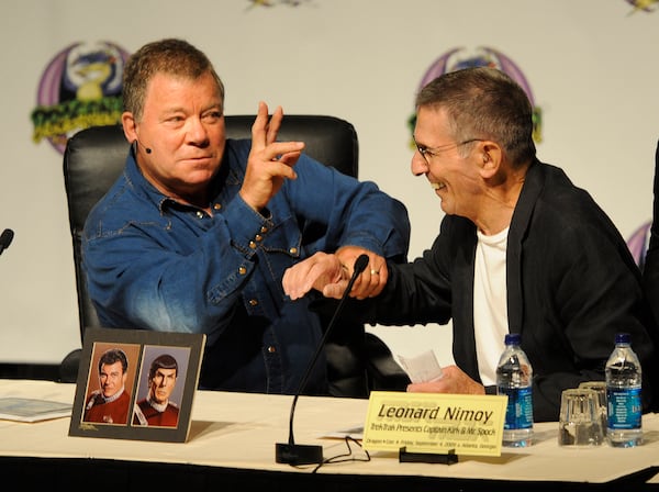 0909042 - Atlanta - William Shatner and Leonard Nimoy joke with each other during the Dragon Con convention at the Hyatt on Friday, September 4, 2009. Johnny Crawford/ jcrawford@ajc.com 0909042 - Atlanta - William Shatner and Leonard Nimoy joke with each other during the Dragon Con convention at the Hyatt on Friday, September 4, 2009. Johnny Crawford/ jcrawford@ajc.com