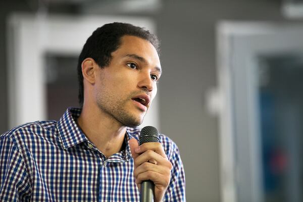 Joe Deshotel, a representative for RideAustin, joins other reps from various ride-hailing groups that gathered at the Capital Factory Thursday evening June 16, 2016 to pitch their services and take questions from the techie audience.
RALPH BARRERA/AMERICAN-STATESMAN