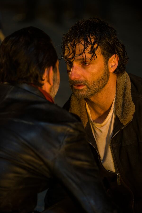  Jeffrey Dean Morgan as Negan, Andrew Lincoln as Rick Grimes - The Walking Dead _ Season 7, Episode 1 - Photo Credit: Gene Page/AMC