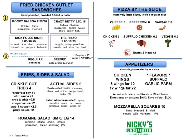 Nicky's Undefeated menu