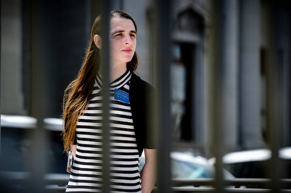 FILE - Transgender state Rep. Zooey Zephyr, D-Missoula, stands on the steps of the Montana State Capitol during a rally, in Helena, Mont., Monday, April 24, 2023. (Thom Bridge/Independent Record via AP, File)