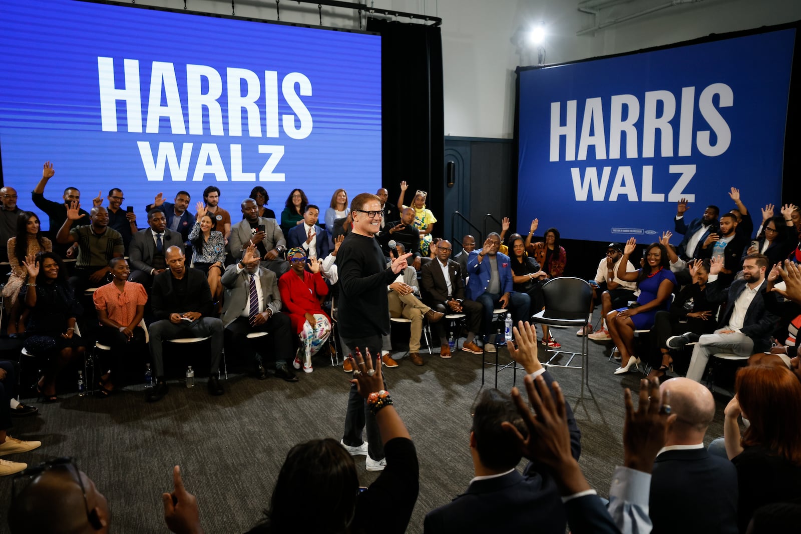 Entrepreneur and investor Mark Cuban engages with local business leaders during a town hall meeting Thursday at the Gathering Spot in Atlanta. (Miguel Martinez / AJC)