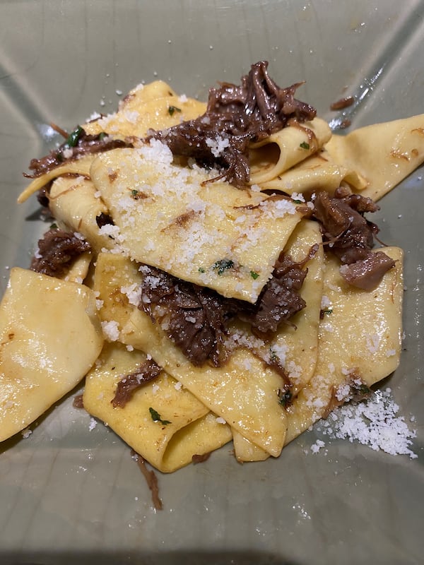 Maltagliati is served with short rib, arugula and pecorino. Bob Townsend for The Atlanta Journal-Constitution.