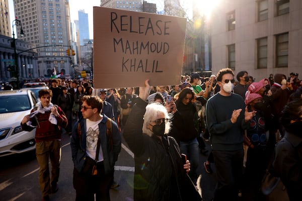 Protestors demonstrate and demand the release of Palestinian activist Mahmoud Khalil, Monday, March 10, 2025, outside the Jacob K. Javits Federal Building in New York. (AP Photo/Yuki Iwamura)