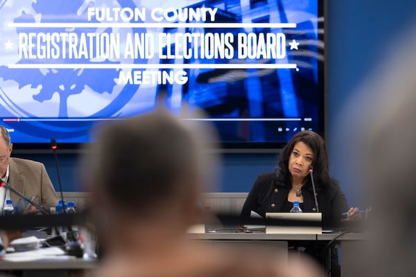 Fulton County Registration and Elections Board Chairperson Sherri Allen presides during a meeting in Union City on Thursday, Aug. 8, 2024.   (Ben Gray / Ben@BenGray.com)