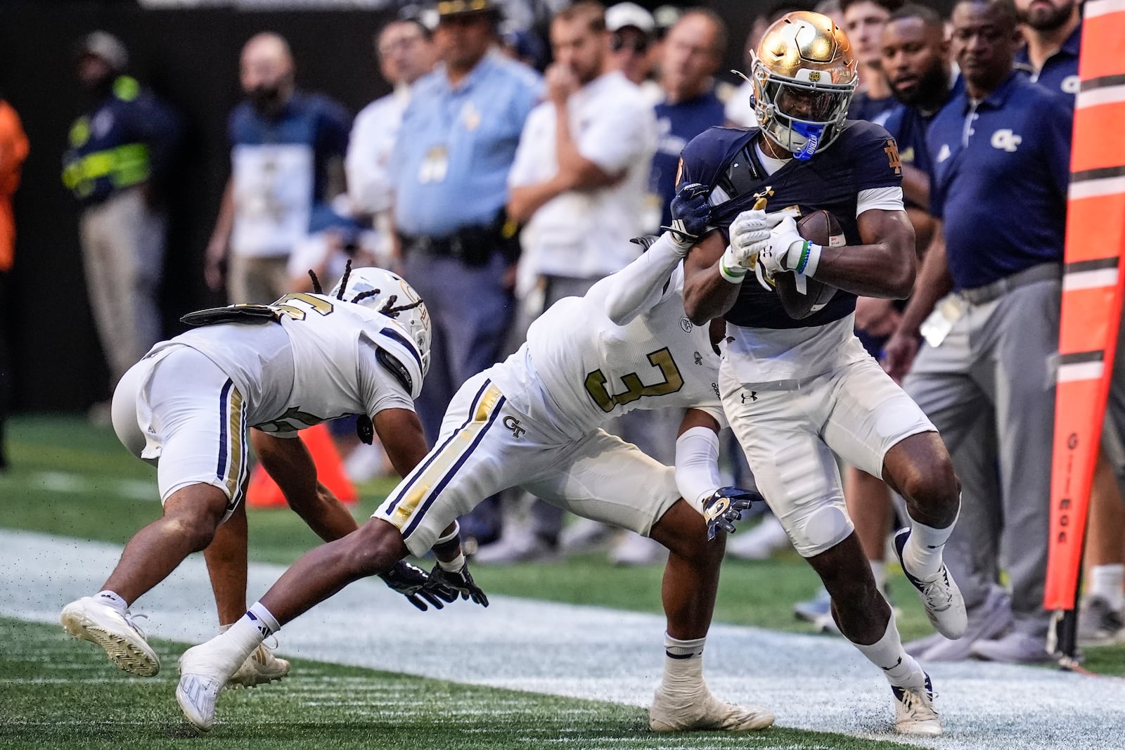 Notre Dame wide receiver Beaux Collins (5) runs against Georgia Tech during the first half of an NCAA college football game, Saturday, Oct. 19, 2024, in Atlanta. (AP Photo/Mike Stewart)