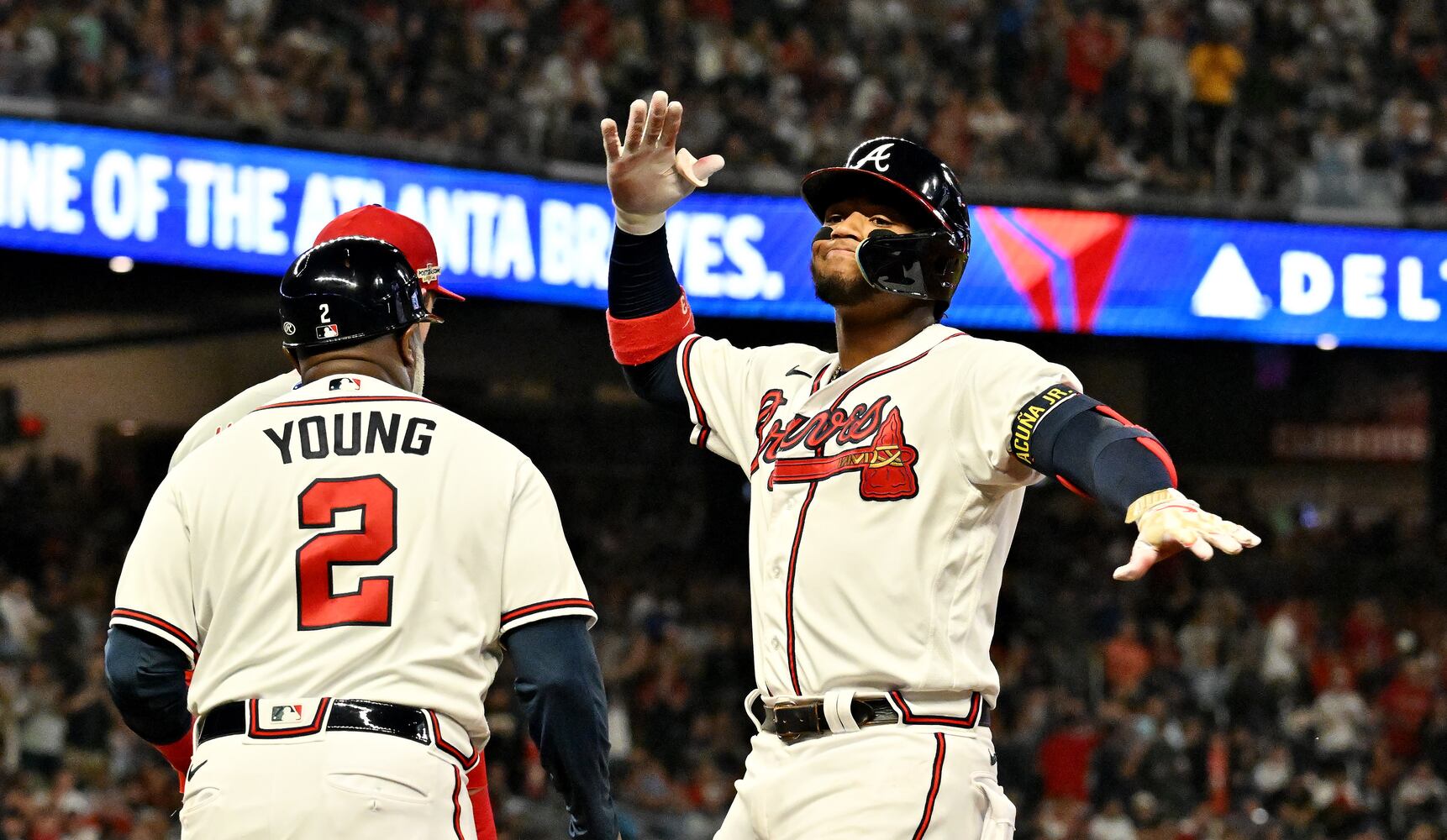 Atlanta Braves’ Ronald Acuna (13) singles against the Philadelphia Phillies during the fourth inning of game two of the National League Division Series at Truist Park in Atlanta on Wednesday, October 12, 2022. (Hyosub Shin / Hyosub.Shin@ajc.com)