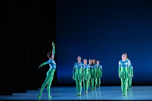 When the curtain opened at the beginning of “Sandpaper Ballet,” the dancers, clad in bright green, were standing still in a five-by-five grid that filled the stage.