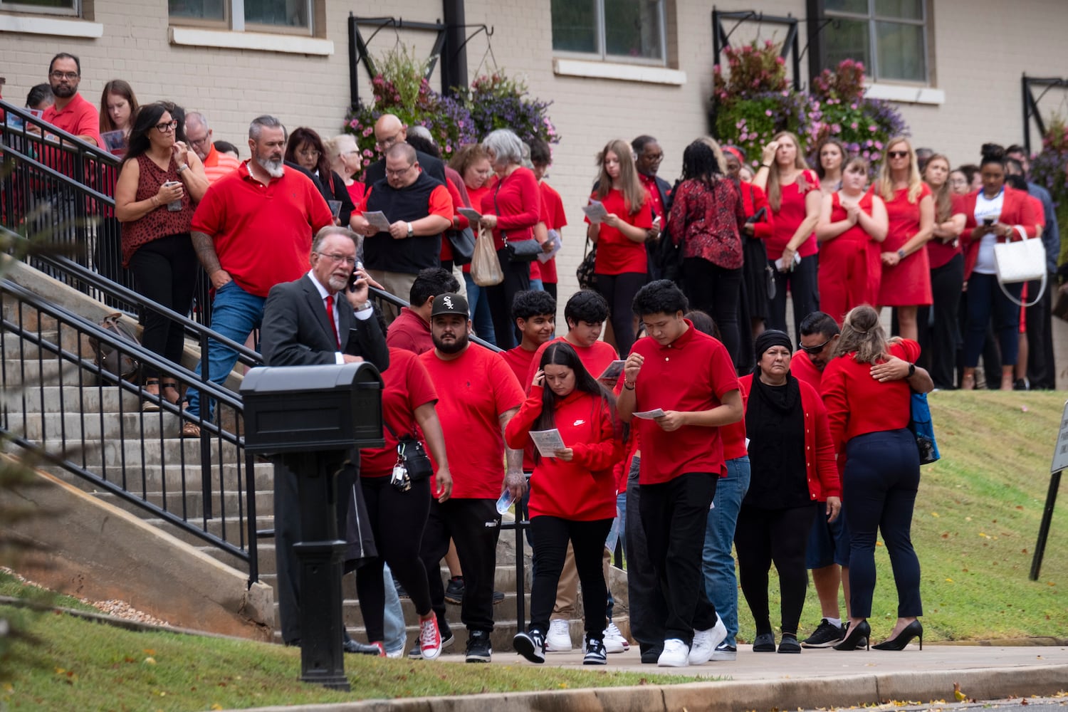 People arrive for the funeral of Apalachee High School shooting victim Mason Alexander Schermerhorn in Jefferson on Saturday, Sept. 14, 2024.   Ben Gray for the Atlanta Journal-Constitution