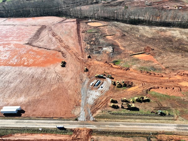 December 15, 2022 Social Circle - Aerial photograph shows the 2,000-acre Rivian factory site in southern Walton and Morgan counties on Thursday, December 15, 2022. Site work will continue at the future Rivian electric vehicle plant east of Atlanta after a local judge declined to issue a stop-work order that could have jeopardized the $5 billion factory. (Hyosub Shin / Hyosub.Shin@ajc.com)