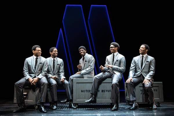 Derrick Baskin (from left), Jelani Remy, Jawan M. Jackson, Ephraim Sykes and James Harkness are (some of) the Temptations in “Ain’t Too Proud to Beg,” opening at the Fox Theatre in March. 
Courtesy of Matthew Murphy.