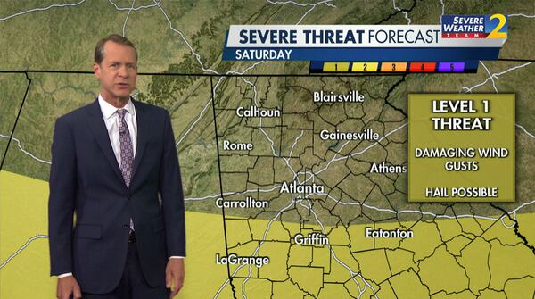 There's a slight chance of damaging winds sweeping through counties just south of Atlanta on Saturday, according to Channel 2 Action News meteorologist Brad Nitz's weather forecast.