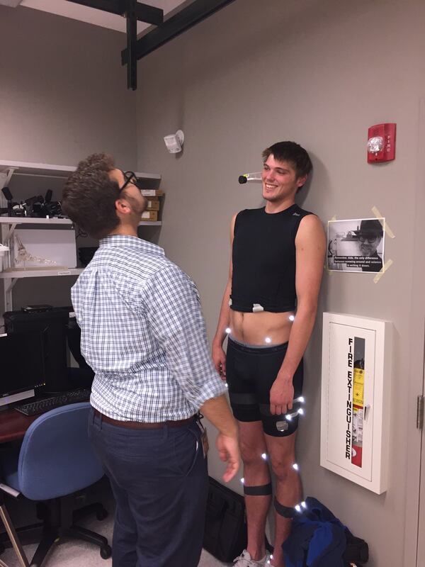 Georgia Tech center Ben Lammers at the school's Comparative Neuromechanics Laboratory, where he had his gait and jumping mechanics diagnosed. Prior to the test, Lammers was measured, but the lab's scale was not equipped to mark his 6-foot-10 height.