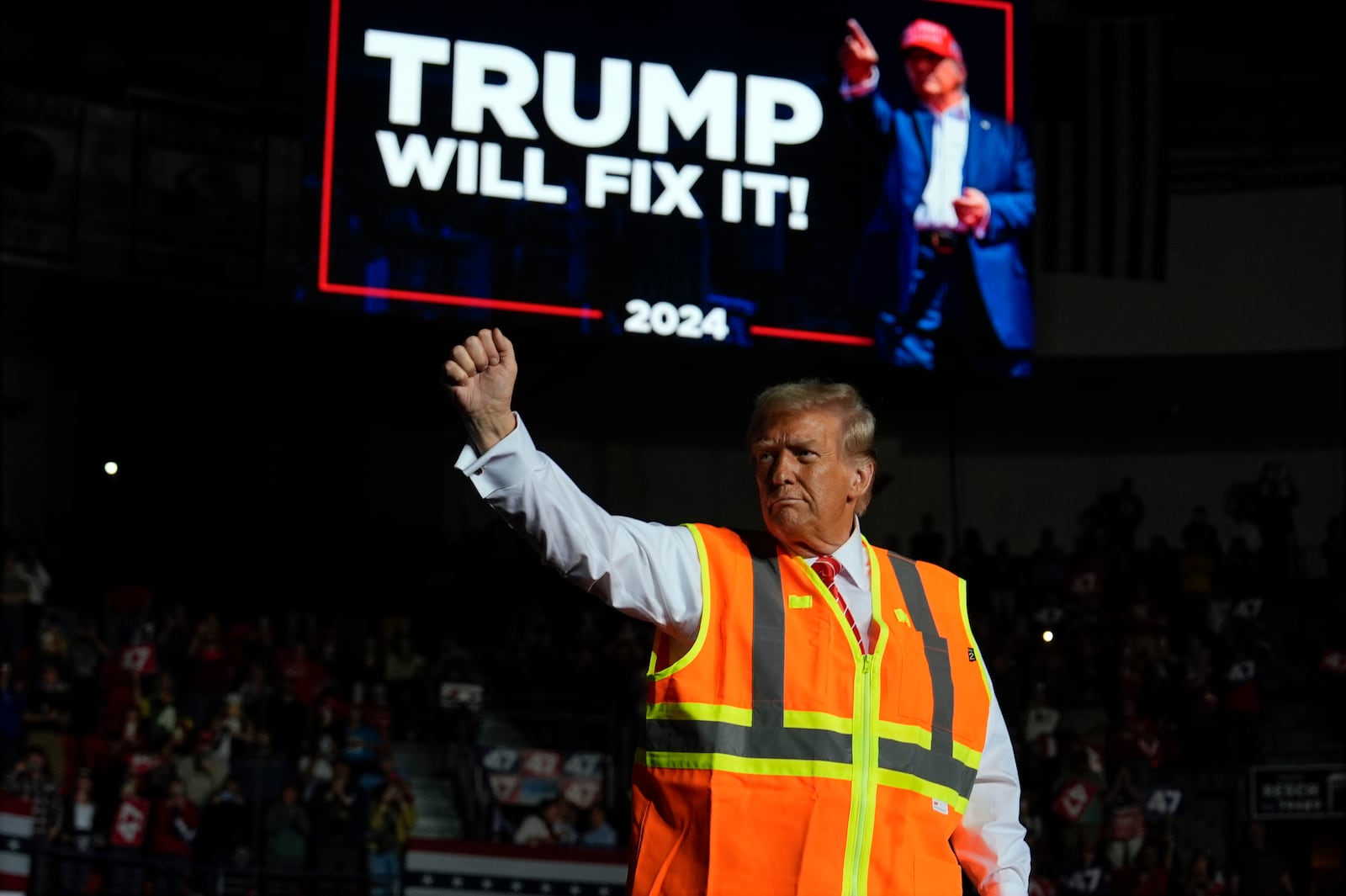 Republican presidential nominee former President Donald Trump gestures after speaking at a campaign rally at Resch Center, Wednesday, Oct. 30, 2024, in Green Bay, Wis. (AP Photo/Julia Demaree Nikhinson)