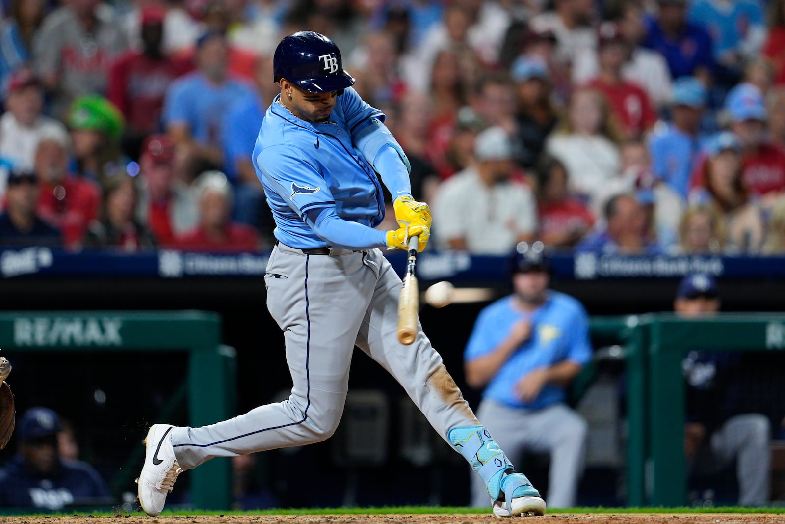 Tampa Bay Rays' Christopher Morel hits a RBI triple off Philadelphia Phillies' Ranger Suárez during the sixth inning of a baseball game, Tuesday, Sept. 10, 2024, in Philadelphia. (AP Photo/Derik Hamilton)