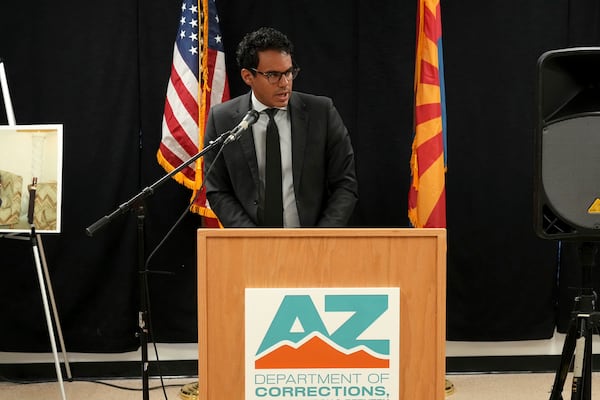 Jose Angel Galavis of Telemundo speaks about witnessing the execution of inmate Aaron Brian Gunches at the Arizona State Prison Wednesday, March 19, 2025 in Florence, Ariz.(AP Photo/Darryl Webb)