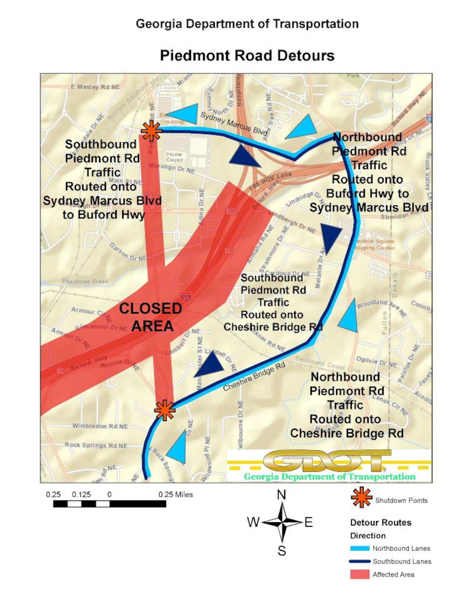 The Georgia Department of Transportation has outlined alternative routes for drivers after part of I-85 collapsed after a fire. I-85 is closed in both directions from the I-75/Brookwood split to the North Druid Hills exit. The detour includes Piedmont Road from Cheshire Bridge Road to Sydney Marcus Blvd.